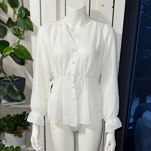 Suzy Shier White Button-Front Drawstring Peplum Blouse XS NWOT